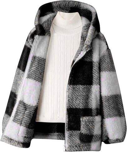 Boys Zip Up Jackets Fleece Hooded Thermal Jackets Zipper Sherpa Winter Sweatshirts Plaid Outerwear Coats With Pockets in Saudi Arabia