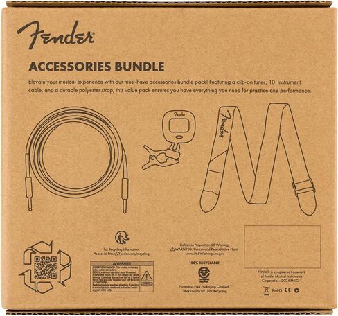 Fender Accessory Essentials Pack Bundle with Cable, Clip-On Tuner, Strap, 3-Pack Picks, and Austin Bazaar Polishing Cloth in Kuwait