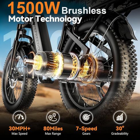 دراجة كهربائية بمحرك 1500 وات للبالغين 80 ميلًا 30 ميلاً في الساعة Ebike 20 بوصة × 4 إطارات سميكة 48 فولت 20 أمبير بطارية قابلة للإزالة دراجة جبلية E دراجة ركاب تعليق أمامي دراجات للرجال والنساء in Kuwait