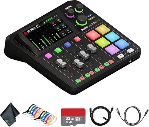 RODE RODECaster Duo استوديو الإنتاج الصوتي المتكامل | خلاط مدمج مع واجهة USB مزدوجة وبلوتوث | للبودكاست والبث المباشر (RCDUO) + بطاقة ذاكرة MicroSDHC سعة 32 جيجابايت + 10 قدم XLR + المزيد in Saudi Arabia
