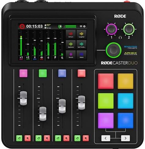 RODE RODECaster Duo استوديو الإنتاج الصوتي المتكامل | خلاط مدمج مع واجهة USB مزدوجة وبلوتوث | للبودكاست والبث المباشر (RCDUO) + بطاقة ذاكرة MicroSDHC سعة 32 جيجابايت + 10 قدم XLR + المزيد in Saudi Arabia