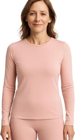 قميص Lands' End النسائي Thermaskin Baselayer بأكمام طويلة وفتحة رقبة مستديرة - قميص حراري خفيف الوزن ومولد للحرارة in Kuwait