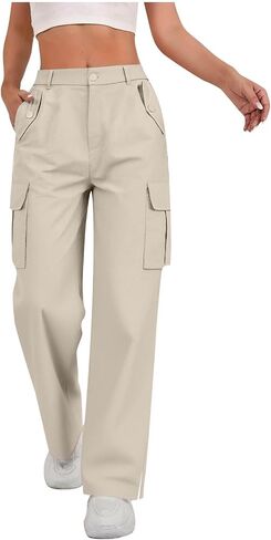 Womens Cargo Pants Casual High Waisted Fashion Pants Baggy Stretchy Wide Leg Y2K Streetwear with Pockets in Saudi Arabia
