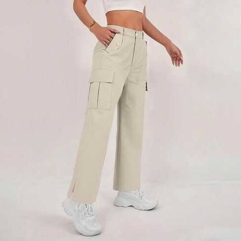 Womens Cargo Pants Casual High Waisted Fashion Pants Baggy Stretchy Wide Leg Y2K Streetwear with Pockets in Saudi Arabia