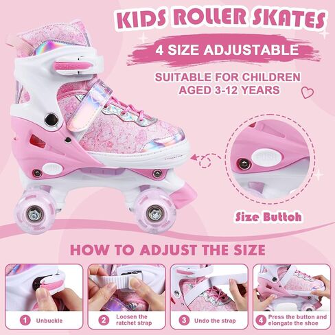 Roller Skates for Kids, 4 Size Adjustable Rollerskates with Light Up Wheels, 10C to 6 Beginner Youth Roller Skates for Girls Boys Toddlers Indoor Outdoor in Saudi Arabia