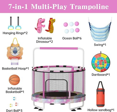 Lamerge Kids Trampoline, Toddler Bouncing Trampoline with Safety Enclosure Net, ASTM-Approved, 500lbs Capacity, Ages 1-8, Adjustable Handrail, 7-in-1, 60" in Saudi Arabia