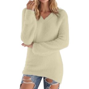 Tunic Sweaters for Women Plus Size Cozy Fuzzy Fleece Pullover Sweater V Neck Soft Warm Lounge Top Fall Winter Clothes in Kuwait