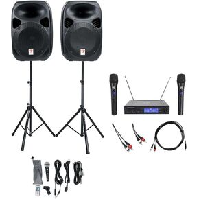 Rockville Karaoke System Bundle: RPG122K Dual 12" Powered Speakers, RCDR10B Dual RCA Cable, RNRMR10 3.5mm to Dual RCA Cable, RWM1203VH VHF Wireless Mic System, 4-Items in Kuwait