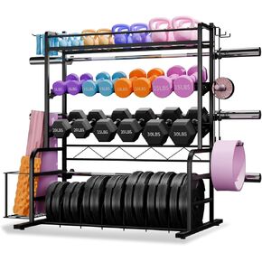 رف وزن قابل للتعديل مقاس XL للدمبل - رف تخزين لوحة ممتص للصدمات مع 3 رفوف بار أولمبية، حامل وزن رف الدمبل، رف تخزين الصالة الرياضية المنزلية لأجراس الكيتل بيل، سجادة اليوغا in Kuwait
