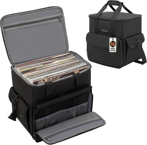 حقيبة تسجيل الفينيل، حقيبة حمل تسجيل الفينيل تحمل 60 LP (7/10/12 بوصة)، تخزين سجل مقاوم للماء مع مقسمين، حقيبة LP للسفر للألبومات ودي جي وهواة الجمع، فكرة هدية لمحبي الفينيل (حقيبة فقط) in Kuwait