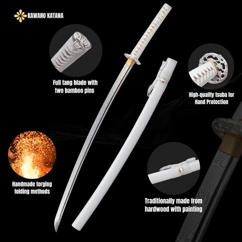 KAWANO Katana Sword, Japanese Handmade Damascus Steel Folded Samurai Sword, Functional Full Tang Blade Katana, Real Rayskin Handle with Gift Bag in Saudi Arabia