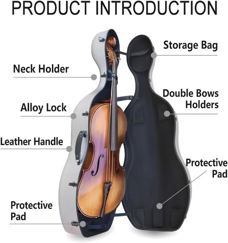 Cello Case Matte White 4/4 Full Size with Wheels Carbon Fiber Material Lightweight and Waterproof,Effective Protection in Kuwait