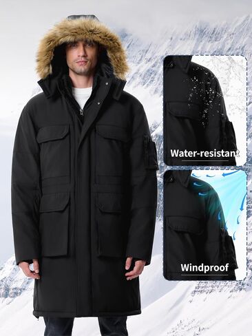 Men's Winter Down Coat Waterproof Heavyweight Hooded Parker Jacket for Men with Multi-Pockets in Saudi Arabia