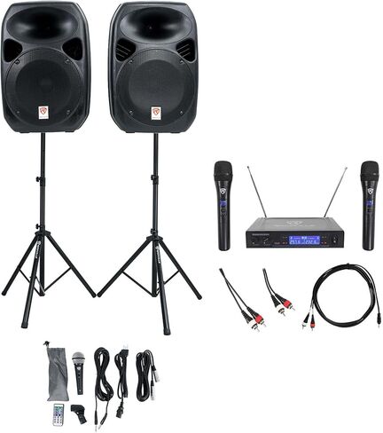 Rockville Karaoke System Bundle: RPG122K Dual 12" Powered Speakers, RCDR10B Dual RCA Cable, RNRMR10 3.5mm to Dual RCA Cable, RWM1203VH VHF Wireless Mic System, 4-Items in Kuwait
