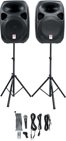 Rockville Karaoke System Bundle: RPG122K Dual 12" Powered Speakers, RCDR10B Dual RCA Cable, RNRMR10 3.5mm to Dual RCA Cable, RWM1203VH VHF Wireless Mic System, 4-Items in Kuwait