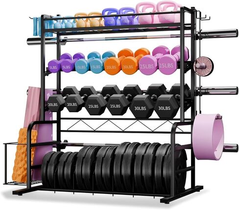 رف وزن قابل للتعديل مقاس XL للدمبل - رف تخزين لوحة ممتص للصدمات مع 3 رفوف بار أولمبية، حامل وزن رف الدمبل، رف تخزين الصالة الرياضية المنزلية لأجراس الكيتل بيل، سجادة اليوغا in Kuwait