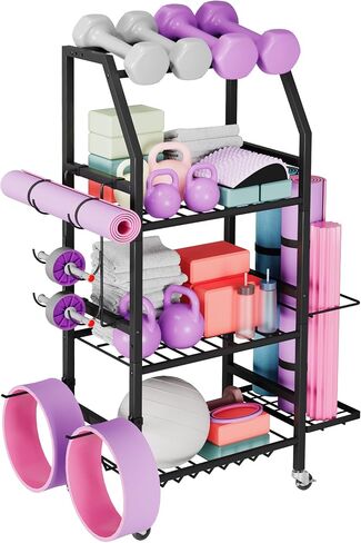 Homeiju Dumbbell Rack, Weight Rack for Home Gym, Yoga Mat Storage Holder with Lockable Wheels, Dumbbell Stand with Hooks, All in One Work out Equipment Storage for Yoga Mat Dumbbell and Balls in Saudi Arabia
