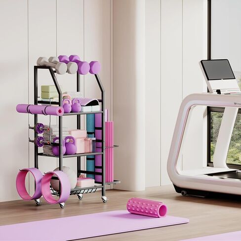 Homeiju Dumbbell Rack, Weight Rack for Home Gym, Yoga Mat Storage Holder with Lockable Wheels, Dumbbell Stand with Hooks, All in One Work out Equipment Storage for Yoga Mat Dumbbell and Balls in Saudi Arabia