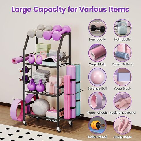 Homeiju Dumbbell Rack, Weight Rack for Home Gym, Yoga Mat Storage Holder with Lockable Wheels, Dumbbell Stand with Hooks, All in One Work out Equipment Storage for Yoga Mat Dumbbell and Balls in Saudi Arabia