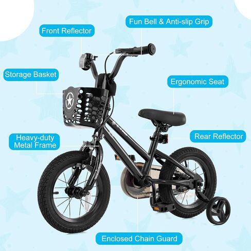 BABY JOY Starry Kids Bike, 12 14 16 18 Inch Bicycle with Training Wheels, Storage Basket, Adjustable Handlebar & Seat, Handbrake & Coaster Brake, Girls Boys Bike in Saudi Arabia