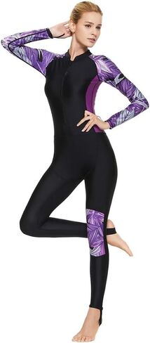 ملابس سباحة للسيدات من Rash Guard مضادة للأشعة فوق البنفسجية، قطعة واحدة بأكمام طويلة وسحاب أمامي in Kuwait