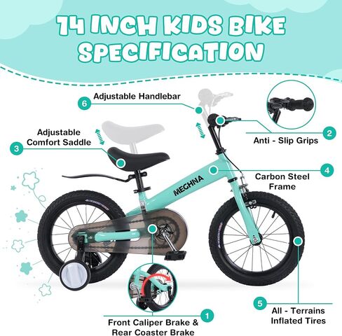 MEGHNA 2 in 1 Toddler Balance Bike 14 inch Wheel Kids Bike Aged 3-7 Years Old with Footrest Detachable Training Wheels Caliper and Coaster Brake Strider Bike for Boys Girls, Easy to Assembly in Saudi Arabia