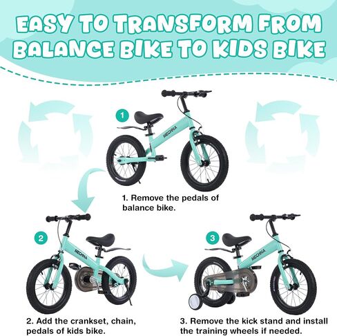 MEGHNA 2 in 1 Toddler Balance Bike 14 inch Wheel Kids Bike Aged 3-7 Years Old with Footrest Detachable Training Wheels Caliper and Coaster Brake Strider Bike for Boys Girls, Easy to Assembly in Saudi Arabia