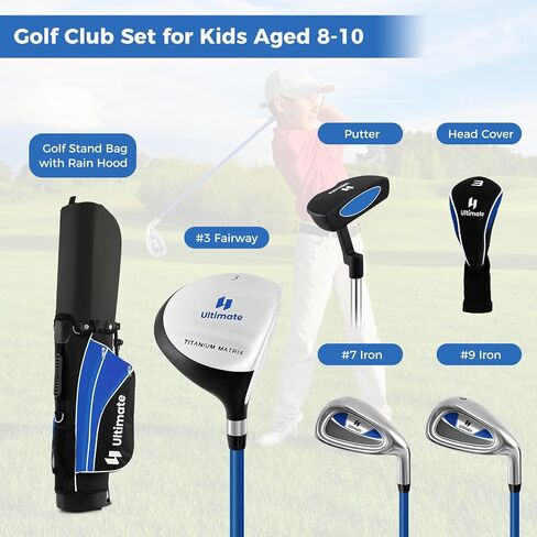 Goplus Junior Complete Golf Clubs Set for Kids, Right Hand Golf Clubs w/Stand Bag, 165CC #3 Fairway, #7 & #9 Irons, Putter, Head Cover, Rain Hood, Boys Girls Aged 8-10,11-13 in Saudi Arabia