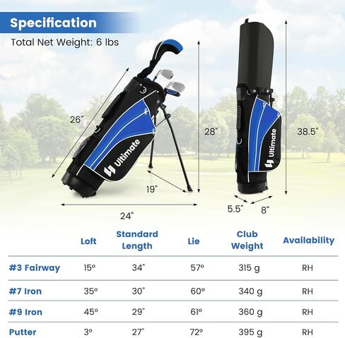Goplus Junior Complete Golf Clubs Set for Kids, Right Hand Golf Clubs w/Stand Bag, 165CC #3 Fairway, #7 & #9 Irons, Putter, Head Cover, Rain Hood, Boys Girls Aged 8-10,11-13 in Saudi Arabia