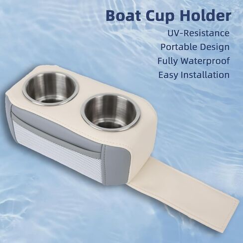 Boat Seat Cup Holders for Drinks,Pontoon Cup Holders for Boat, Marine Pontoon Double Drink Holder with Side Pocket,Must Have Boat Accessories White&Grey-1Pack in Saudi Arabia