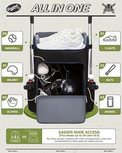 حقيبة البيسبول البيسبول والعتاد للبنين والبنات الذين تتراوح أعمارهم بين 8-12 12-14 14-16 حقيبة ظهر كبيرة للأطفال مع حجرة أحذية جيدة التهوية لوازم البيسبول البيسبول للشباب والكبار in Kuwait