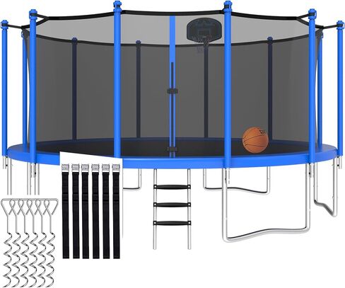 1500LBS 8 10 12 14 15 16 FT Tranpoline for Adults/Kids with Safety Enclosure Net, Basketball Hoop, Ball, Wind Stakes and Ladder, Heavy Duty Outdoor Recreational Tranpolines for Family in Kuwait