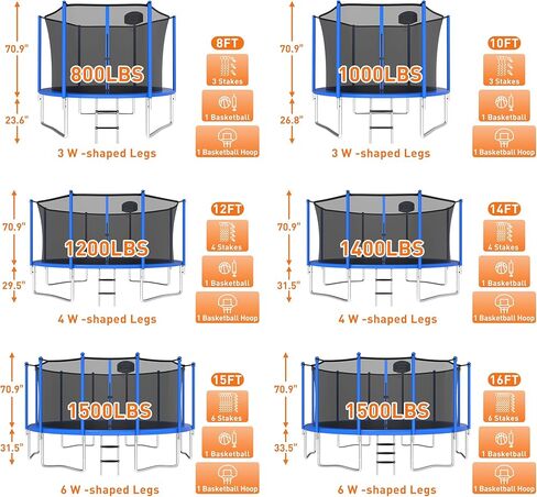 1500LBS 8 10 12 14 15 16 FT Tranpoline for Adults/Kids with Safety Enclosure Net, Basketball Hoop, Ball, Wind Stakes and Ladder, Heavy Duty Outdoor Recreational Tranpolines for Family in Kuwait