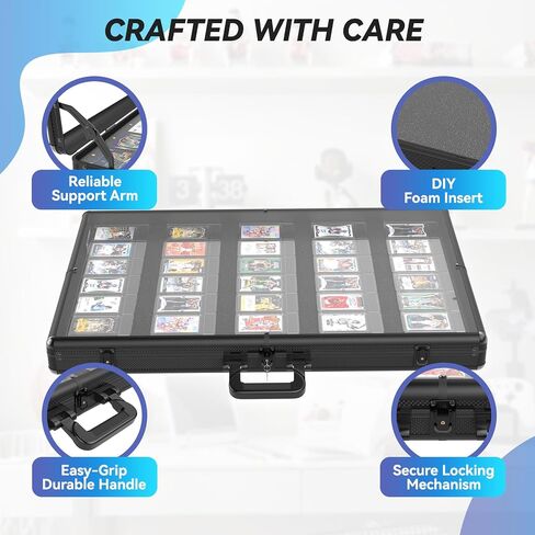 Aluminum Card Display Case with Lock and Customizable Foam Insert, Large Glass Tabletop Showcase for Collectible Cards, Jewelry, Trading Cards, Portable Acrylic Storage Box for Trade and Home Display in Kuwait