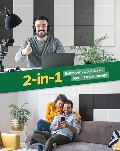 لوحات صوتية للجدران والأبواب والسقف، 12 قطعة مربعة ذاتية اللصق ممتصة للصوت، 12 بوصة × 12 بوصة × 0.4 بوصة بلاط صوتي مزخرف للمكتب المنزلي، الاستوديو، غرفة الألعاب، أبيض in Saudi Arabia