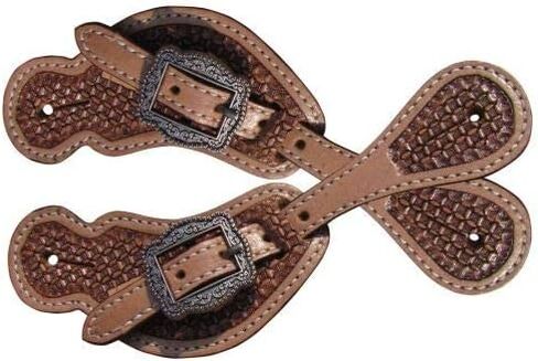Showman Youth Size Basket Weave Tooled Medium Leather Spur Straps in Saudi Arabia