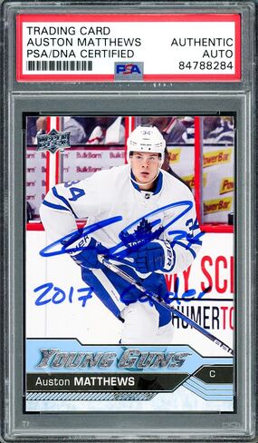 Auston Matthews Autographed 2016 Upper Deck UD Young Guns Rookie Card #201 Toronto Maple Leafs Auto Grade Gem Mint 10 "2017 Calder" PSA/DNA #84788284 - Hockey Slabbed Autographed Rookie Cards in Saudi Arabia
