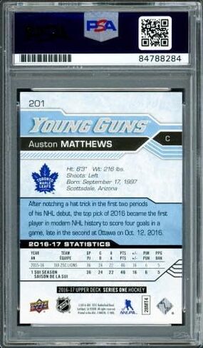 Auston Matthews Autographed 2016 Upper Deck UD Young Guns Rookie Card #201 Toronto Maple Leafs Auto Grade Gem Mint 10 "2017 Calder" PSA/DNA #84788284 - Hockey Slabbed Autographed Rookie Cards in Saudi Arabia