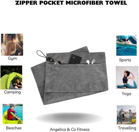 Angelica & Co Microfiber Fast Drying Gym Towel with Phone Pocket, Zipper, Fitness, Pilates, Yoga Mat Cover, Bench Cover, Camping - Grey M in Saudi Arabia