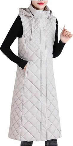 Long Puffer Vest Women Sleeveless Hooded Quilted Vests Puffy Warm Zip Up Jackets Winter Padded Coats Outerwear in Saudi Arabia
