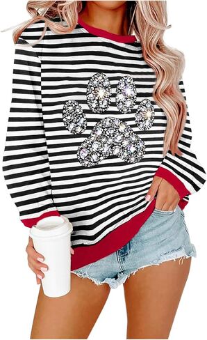 Women Striped Sweatshirts Oversized Crewneck Long Sleeve Shirts Dog Paw Print Y2K Pullover Top Fall Fashion Clothes in Saudi Arabia