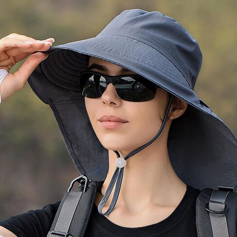 Women's Sun Hat with Neck Flap, Wide Brim Bucket Hat with Ponytail Hole and Chin Strap, Ideal for Summer Outdoor, Mountaineering, Cycling Grey in Saudi Arabia
