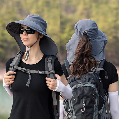 Women's Sun Hat with Neck Flap, Wide Brim Bucket Hat with Ponytail Hole and Chin Strap, Ideal for Summer Outdoor, Mountaineering, Cycling Grey in Saudi Arabia
