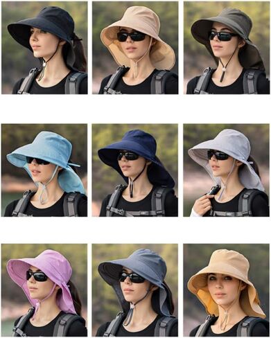 Women's Sun Hat with Neck Flap, Wide Brim Bucket Hat with Ponytail Hole and Chin Strap, Ideal for Summer Outdoor, Mountaineering, Cycling Grey in Saudi Arabia
