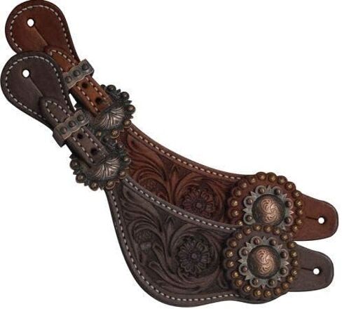 Showman Ladies Size Argentina Cow Leather Floral Tooled Spur Straps w/Copper Conchos in Saudi Arabia
