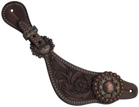 Showman Ladies Size Argentina Cow Leather Floral Tooled Spur Straps w/Copper Conchos in Saudi Arabia