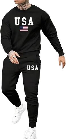 USA Flag Patriotic Sweatsuit Set, Black Cotton Blend, 2-Piece Tracksuit with American Flag Design, Casual Athletic Wear in Saudi Arabia