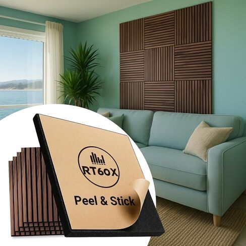 RT60X Peel & Stick Acoustic Wood Wall Panels, 4 Pack 24"x24"x1 - Self-Adhesive Sound Absorbing Slat Tiles for Studio, Home Office & Apartments, Renter-Friendly Easy Installation in Saudi Arabia