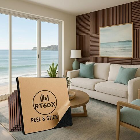 RT60X Peel & Stick Acoustic Wood Wall Panels, 4 Pack 24"x24"x1 - Self-Adhesive Sound Absorbing Slat Tiles for Studio, Home Office & Apartments, Renter-Friendly Easy Installation in Saudi Arabia