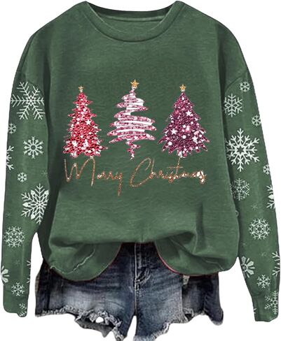 Christmas Sweatshirts for Women Xmas Merry Sweater Graphic Pullover Tops Cute Long Sleeve Crewneck Holiday Shirts in Kuwait